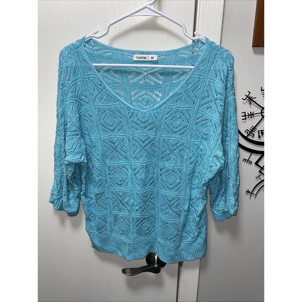 Tarse Light Blue Knit Pattern Sweater 3/4 Sleeve Shirt‎ Medium Boho